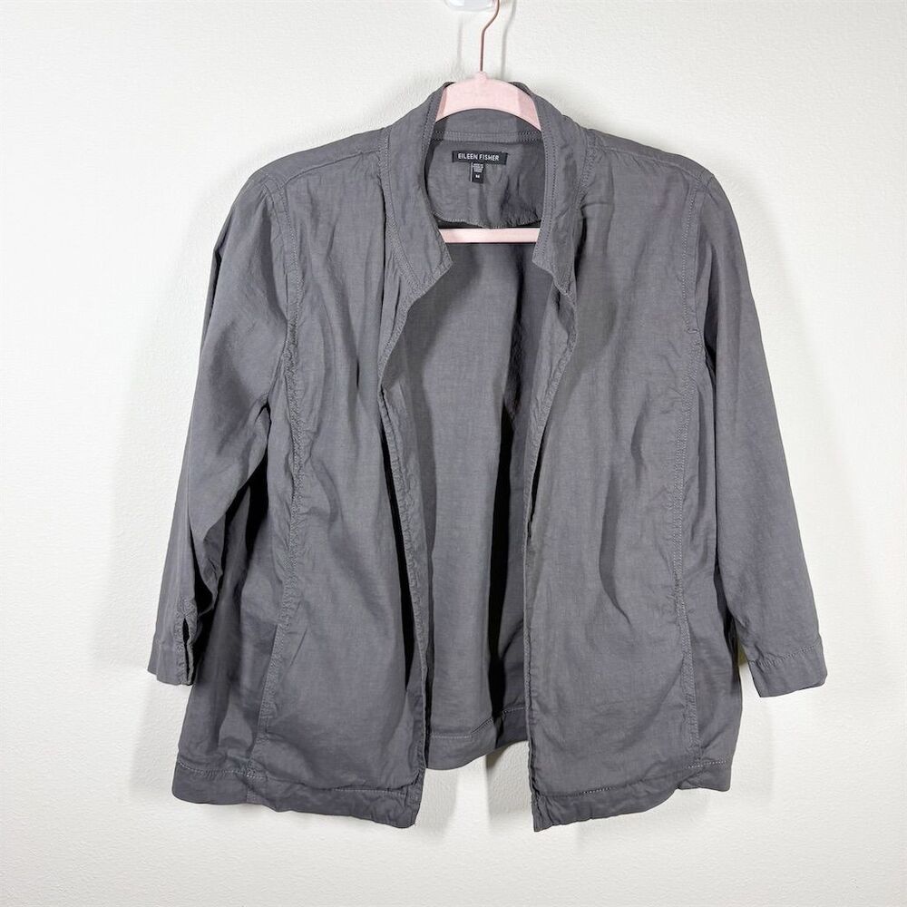 Eileen Fisher Linen Blend Open Front Jacket‎ Size M Gray 3/4 Sleeve Stretch